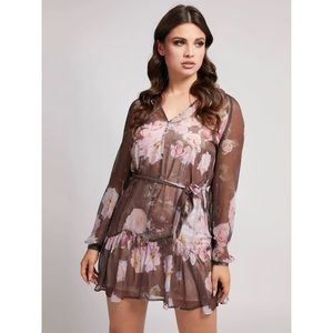 Guess Veronica Floral Print Ruffle Long Sleeve Shift Dress